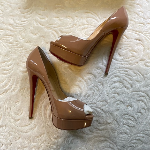 Christian Louboutin Nude Patent Leather Lady Peep Toe Platform Pumps - Picture 3 of 15